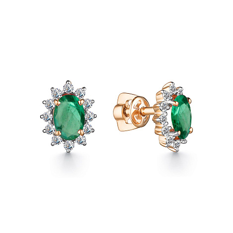 Золотые cерьги пусеты (гвоздики) с изумрудом