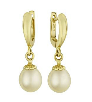 Серьги висячие из желтого золота с жемчугом