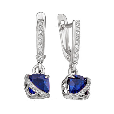 Серебряные cерьги висячие с позолотой с сапфиром